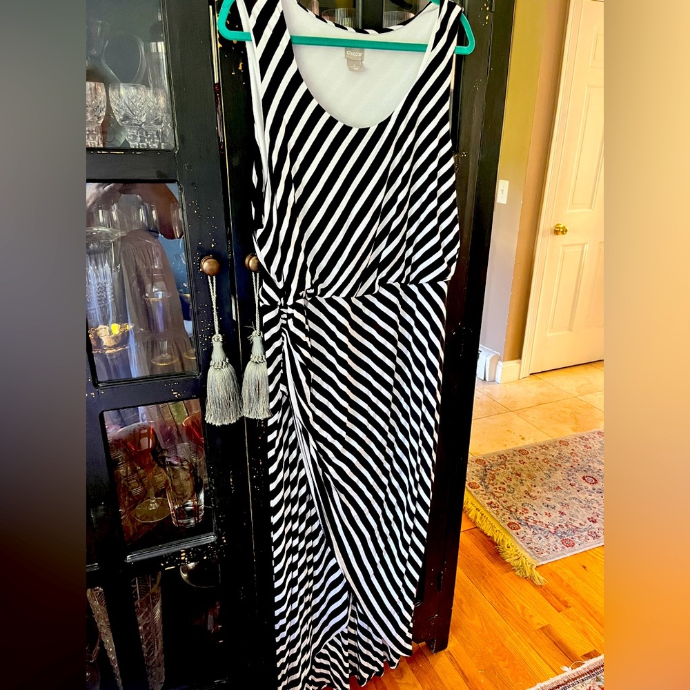 Chicos Black and White Striped Stretch Maxi Dress.